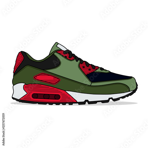 Green and red sneakers, outlined and isolated on a white background. Suitable for commercial purposes.	