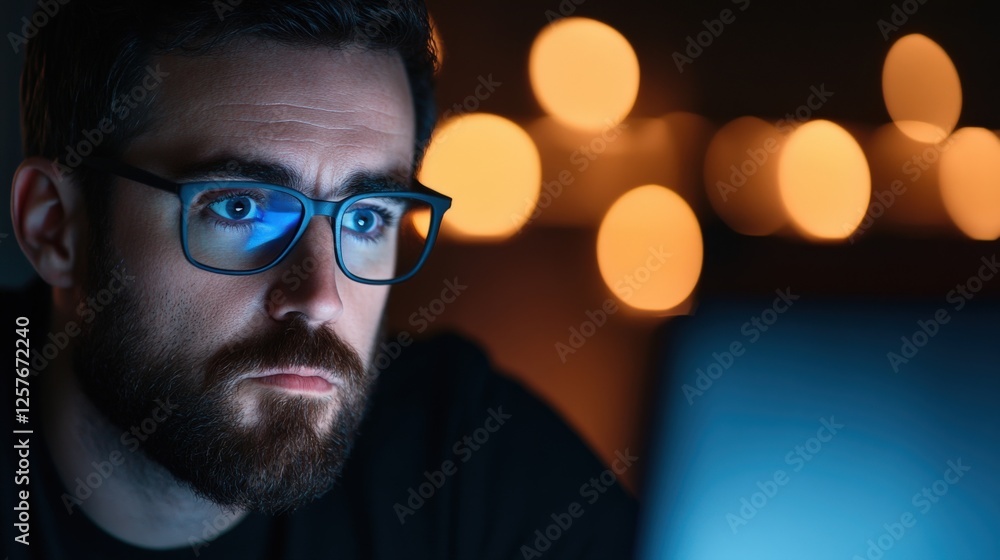Man with Glasses Looking at a Computer Screen at Night Man with Glasses Looking at a Computer Screen at Night