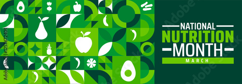 National Nutrition Month background banner or poster design template. observed every year in March. Holiday concept. Use to any Template, card, poster, placard, template.
