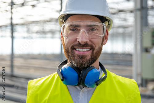 Fotografie Smiling caucasian bearded engineer in protective glasses at the construction sit
