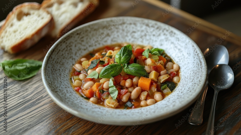 Minestrone soup in white plate with basil and two spoons, top view Minestrone soup in white plate with basil and two spoons, top view