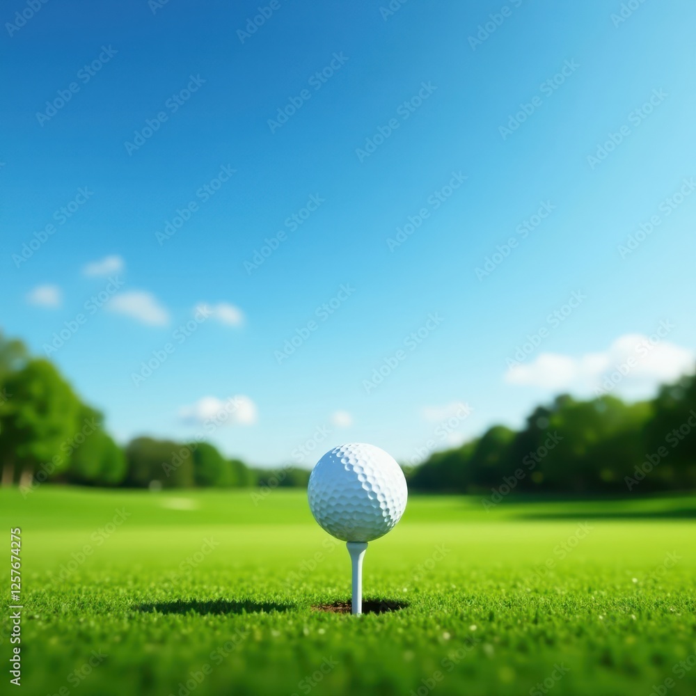 Perfectly positioned golf ball awaits tee off, azure sky backdrop , photo, sporting goods Perfectly positioned golf ball awaits tee off, azure sky backdrop , photo, sporting goods