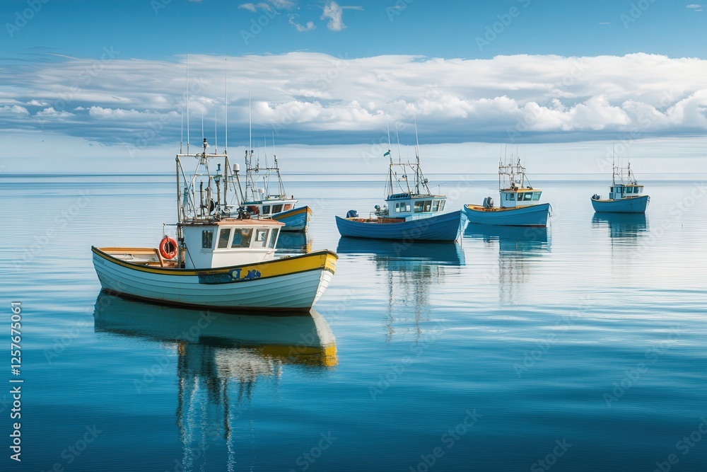 fishing boats gently bobbing on the calm sea, with the tranquil waters reflecting the distant horizon and the boats' simple forms. fishing boats gently bobbing on the calm sea, with the tranquil waters reflecting the distant horizon and the boats' simple forms.