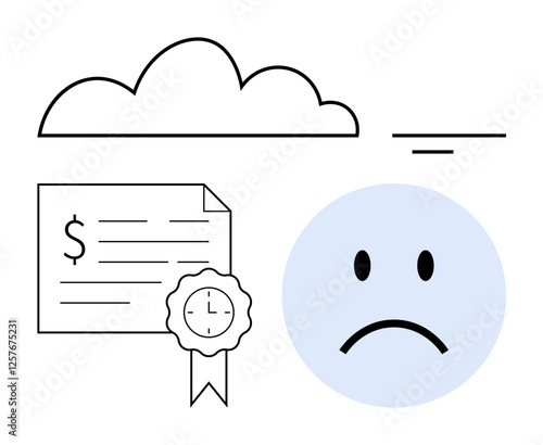 Sad face highlighted among financial document with dollar sign, cloud, and ribbon with clock. Ideal for finance, loss, deadlines, stress, disappointment economy personal finance. Simple flat line