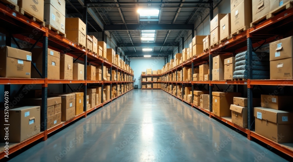 A long warehouse aisle filled with neatly stacked cardboard boxes on bright orange metal shelving units, showcasing efficient storage and organization within a spacious industrial facility. A long warehouse aisle filled with neatly stacked cardboard boxes on bright orange metal shelving units, showcasing efficient storage and organization within a spacious industrial facility.