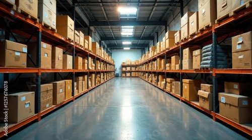 Wallpaper Mural A long warehouse aisle filled with neatly stacked cardboard boxes on bright orange metal shelving units, showcasing efficient storage and organization within a spacious industrial facility. Torontodigital.ca