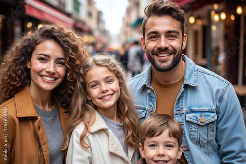 family of four in lively market setting two adults two kids