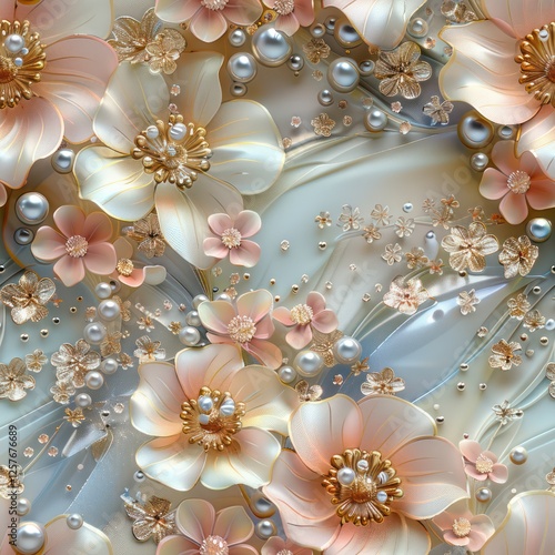 Seamless delicate pattern of lace, pearls, flowers, and beads on a light background, digital art  illustration