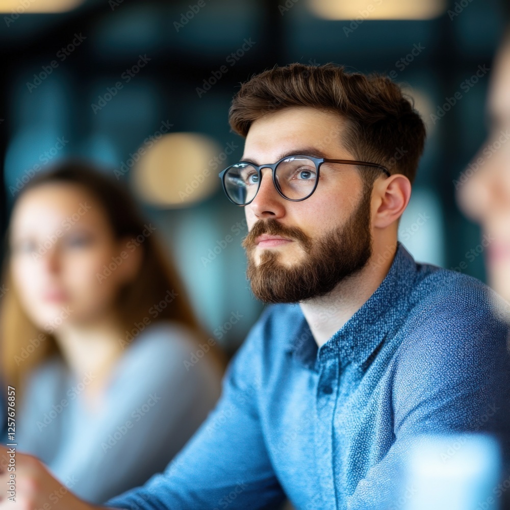 Obraz premium Man with Beard Wearing Glasses in Meeting