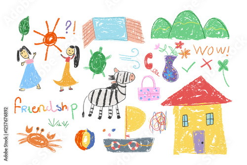 Crayon fun cute kid colorful doodle set badge, scribble line flower, heary background. Hand drawn doodle sketch childish element set. Flower, heart, zebra, turtle, children draw style elements	
