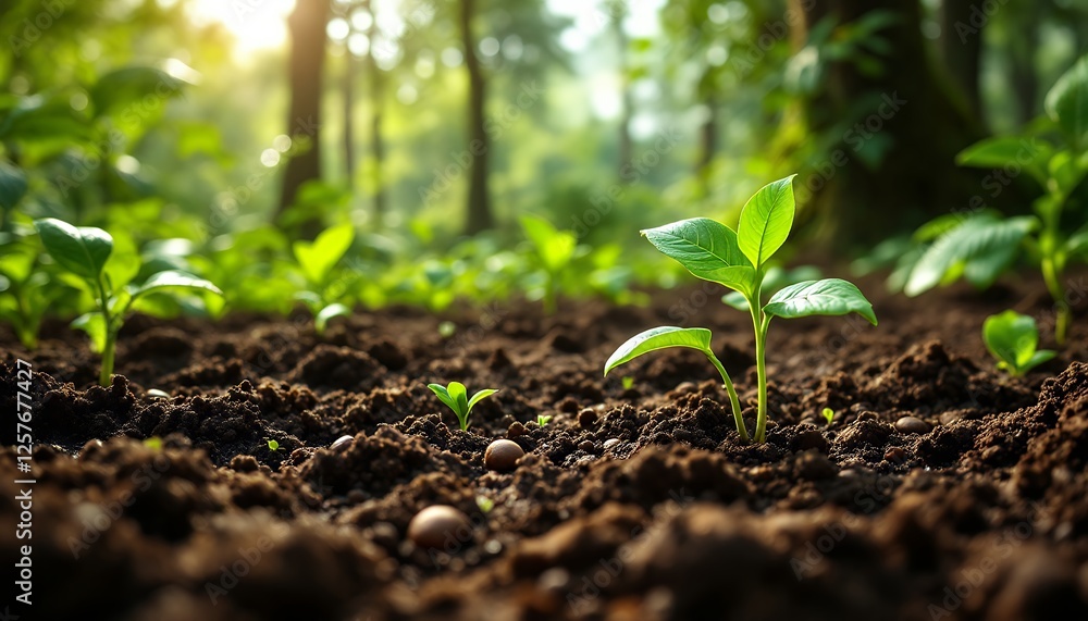 Fragile Beginnings: A New Sprout Reaching for the Sunlight in Verdant Forest Fragile Beginnings: A New Sprout Reaching for the Sunlight in Verdant Forest