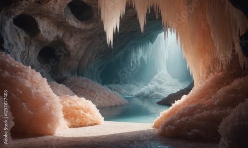 Cave, fantasy world, fluffy cave made of peach crystals