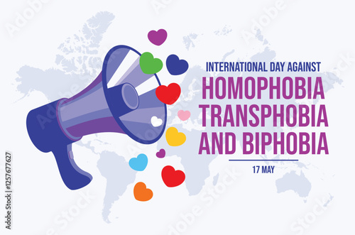 International Day Against Homophobia, Transphobia and Biphobia poster vector illustration. Loud speaker and colorful hearts vector. LGBTQIA megaphone love symbol. Template for background, banner, card