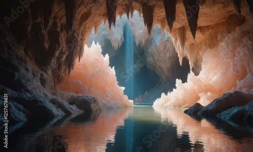 Cave, fantasy world, fluffy cave made of peach crystals