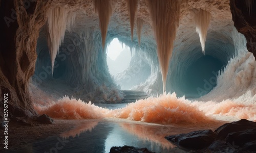 Cave, fantasy world, fluffy cave made of peach crystals