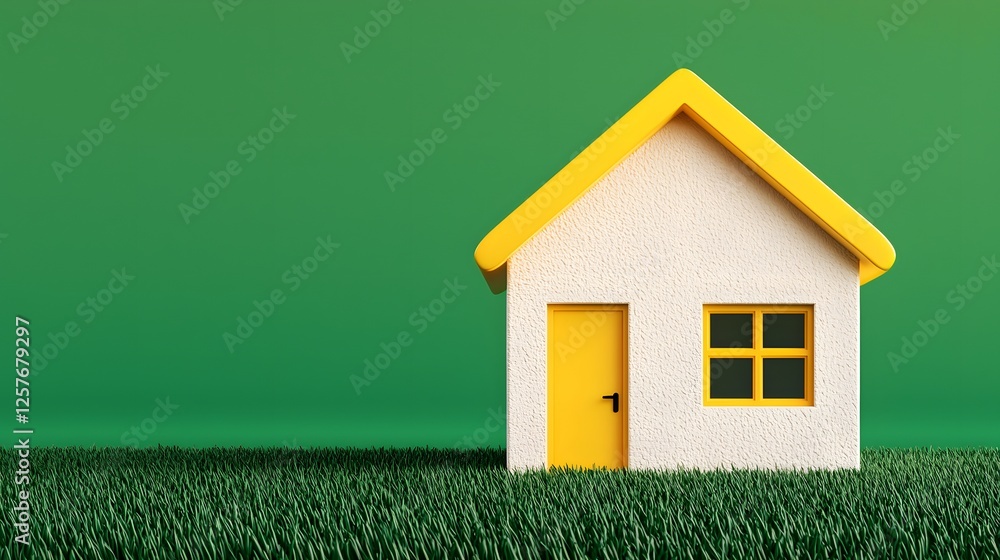 Yellow Door Dream Home: A charming miniature house with a bright yellow door stands proudly on a bed of vibrant green grass, symbolizing aspirations, new beginnings, and the pursuit of homeownership. Yellow Door Dream Home: A charming miniature house with a bright yellow door stands proudly on a bed of vibrant green grass, symbolizing aspirations, new beginnings, and the pursuit of homeownership.