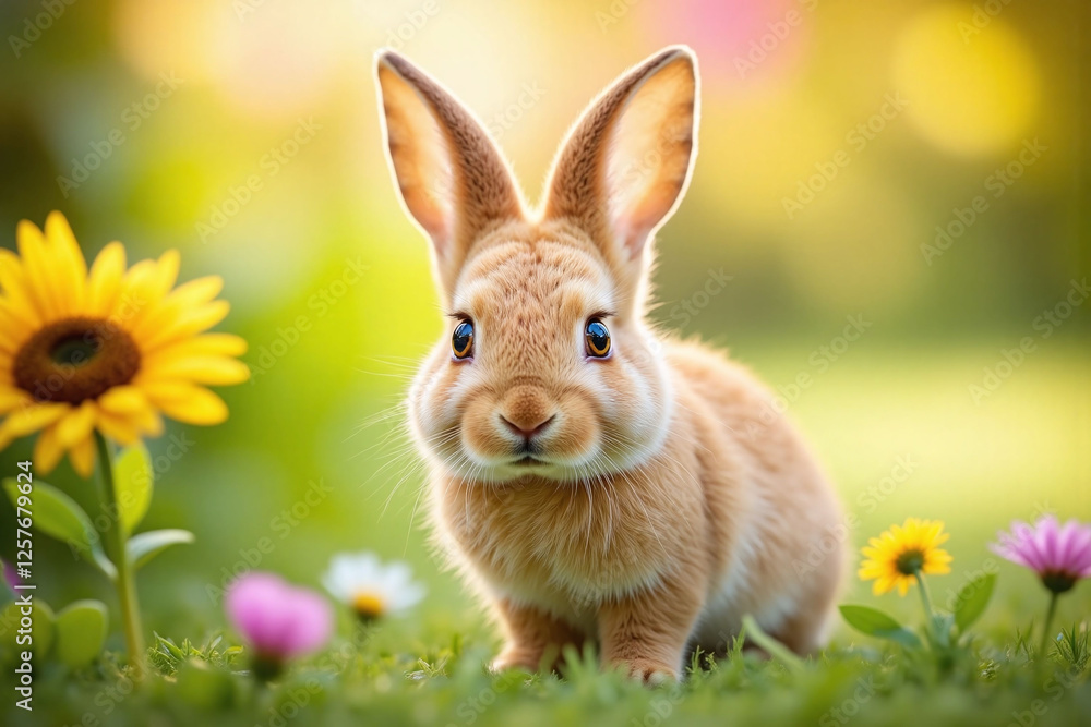 Fototapeta premium small rabbit in lush sunlit garden golden brown fur