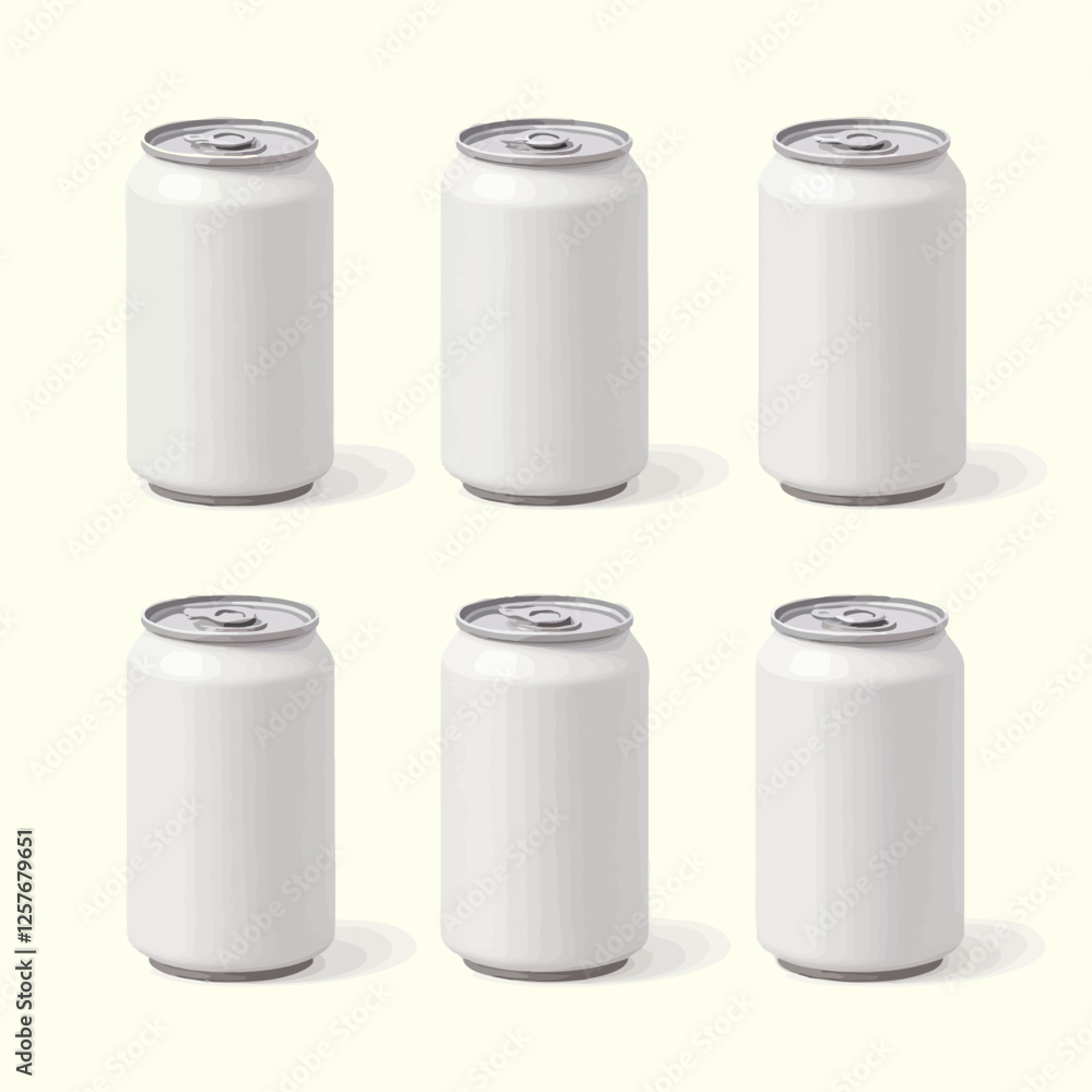 Set of blank white soda cans in different angles, perfect for branding, packaging, and mockups. Set of blank white soda cans in different angles, perfect for branding, packaging, and mockups.