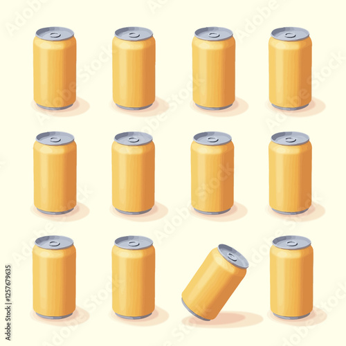 Collection of golden aluminum soda cans in multiple positions, suitable for branding and advertisement.