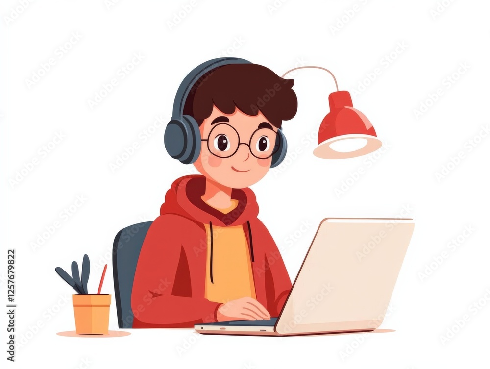 boy wearing headphones using laptop boy wearing headphones using laptop