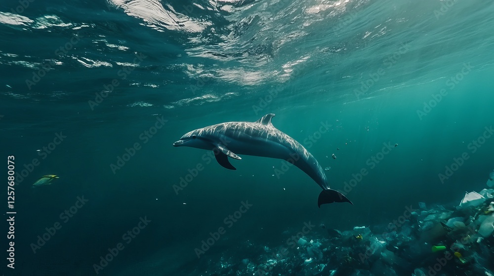 Fototapeta premium Dolphin swimming through marine plastic waste in ocean underwater photography environmental awareness scenic perspective