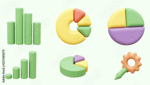 Colorful 3D pie charts and bar graphs for business analytics and financial data visualization.