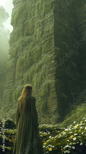 Adventurer in Overgrown Lost Civilization Ruins, Hidden Spiritual Energy in Nature, Generative AI photo