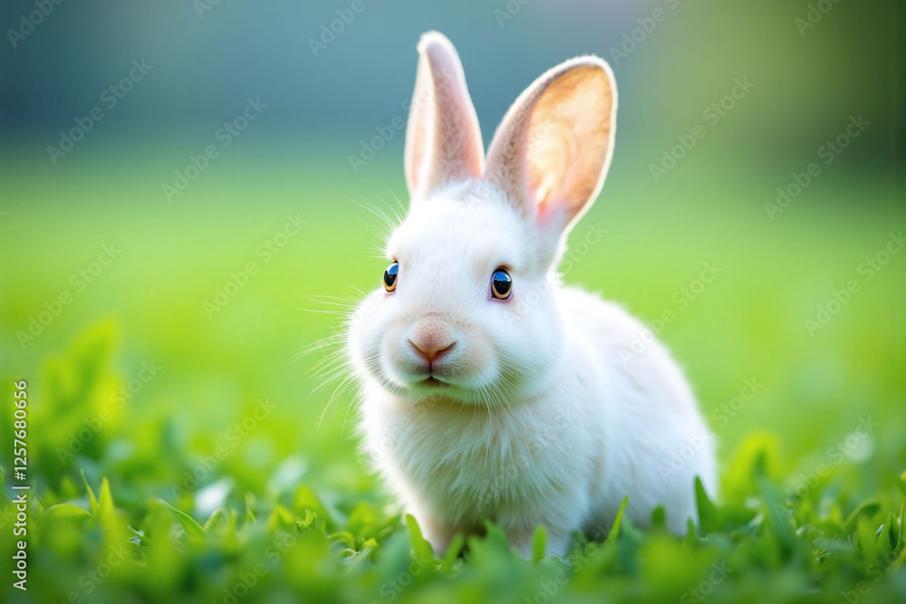 Obraz premium small white rabbit in lush green meadow pink tipped ears