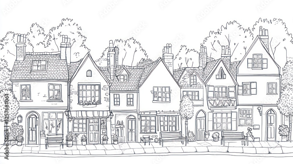 Charming street, quaint houses, tree-lined, village scene, perfect for design