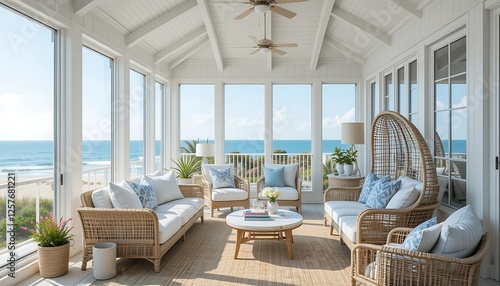 Coastal-style sunroom with floor-to-ceiling windows  hanging rattan chair  white ceiling beams  and ocean-inspired decor for a tranquil vibe 