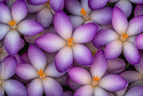 Violette Krokusse blühen im frühlingszeitigen April, kurz nach einem Regenschauer. Makroaufnahme photo