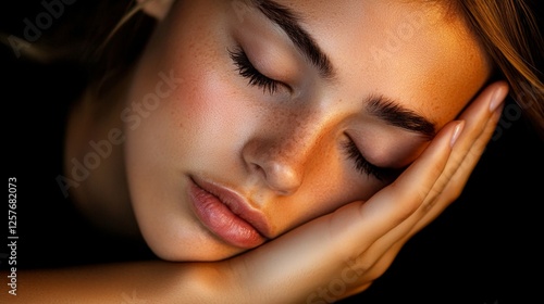 A woman with her eyes closed and her hands on her face