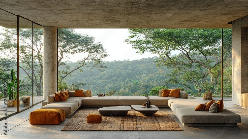 Fototapeta premium Modern concrete living room overlooking lush hills at sunrise