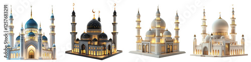 Set of an illuminated mosque at night, symbolizing Ramadan nights, isolated on a transparent background.