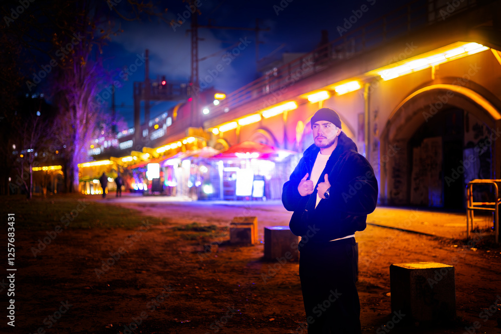 A stylish young man posing in a neon-lit urban night scene, surrounded by colorful city lights and street life A stylish young man posing in a neon-lit urban night scene, surrounded by colorful city lights and street life