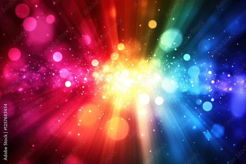 Naklejka premium Rainbow burst lights, bokeh background, celebratory, festive design