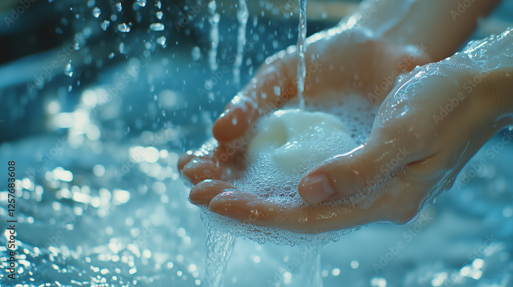 Fototapeta premium Close-up of Hand Washing with Soap Under Running Water in Bright Natural Light, Generative AI