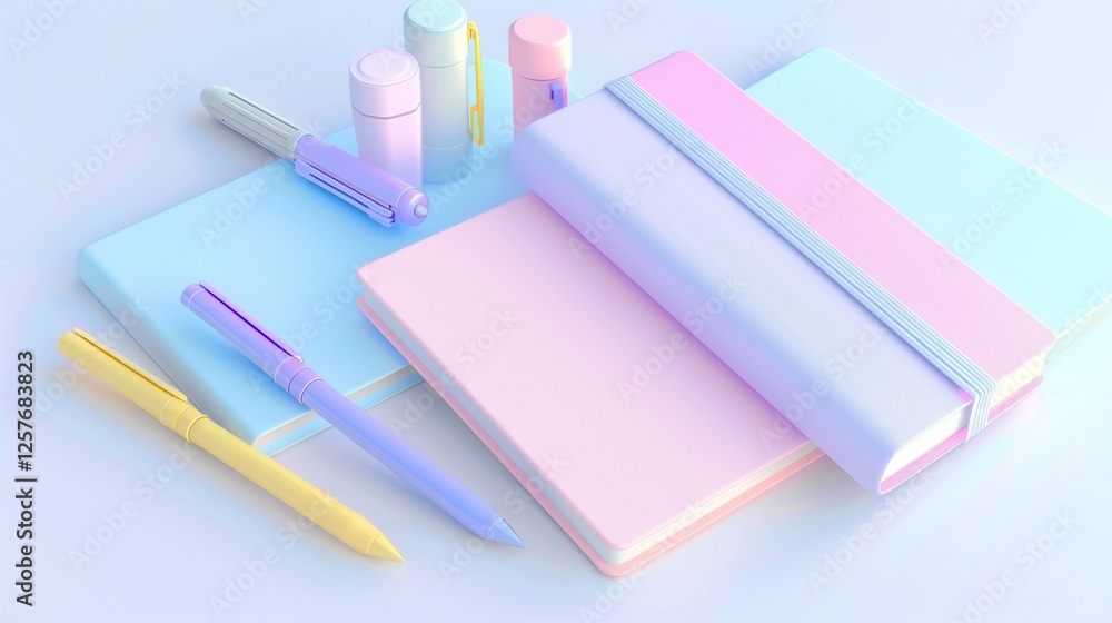 A modern study stationery set featuring pastel-colored notebooks, stylish markers, and highlighters, isolated on white. The smooth surfaces and lively tones enhance appeal. A modern study stationery set featuring pastel-colored notebooks, stylish markers, and highlighters, isolated on white. The smooth surfaces and lively tones enhance appeal.