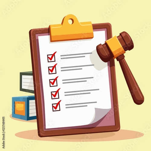 Illustration of a legal checklist with a judge's gavel, symbolizing law, justice, and legal decision-making.