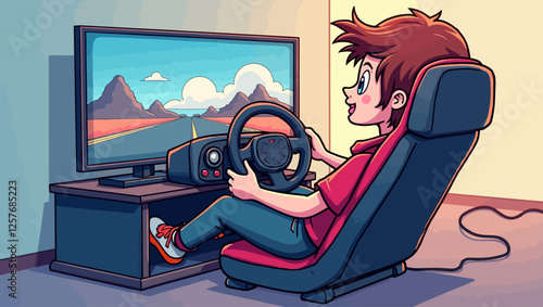 A young boy enjoying a racing simulator game at home, fully engaged with a professional gaming setup and virtual driving experience.