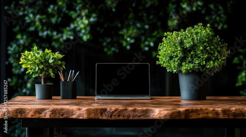 Laptop workspace, plants, wooden desk, green background, office