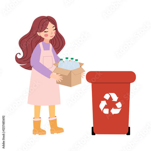 Eco friendly concept. Illustration of young girl holding recycling box. Hand drawn vector illustration