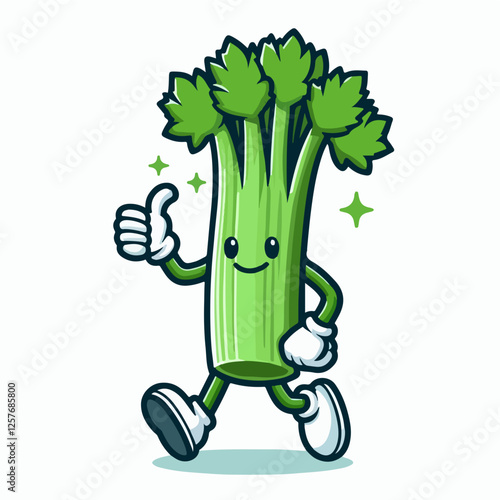 Celery Mascot Cartoon: A happy and healthy celery mascot gives a thumbs up while striding forward, showcasing a vibrant and cheerful cartoon character. perfect for promoting healthy eating.