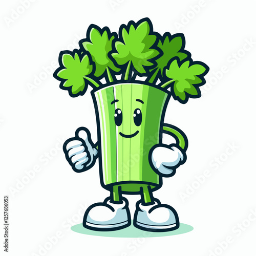 Celery Mascot Thumbs Up: A cheerful cartoon celery character with a big smile gives a thumbs-up, showcasing healthy eating and positive vibes.