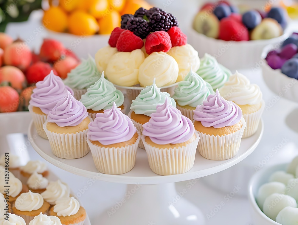 Delicious Pastel Cupcakes and Berries Displayed on a White Cake Stand Delicious Pastel Cupcakes and Berries Displayed on a White Cake Stand
