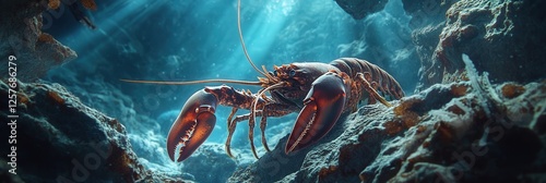 lobster hiding between rocks on the seabed, its claws ready to defend against predators, surrounded by a rich underwater landscape in sharp 4K clarity photo