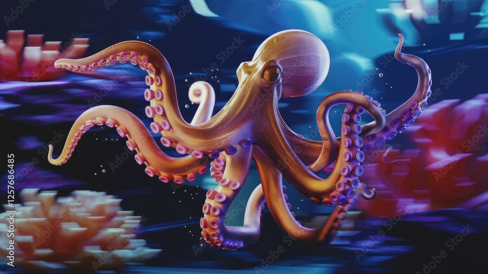 Fototapeta premium A vibrant, 3D-rendered octopus gracefully swims amidst glowing coral reefs in a captivating underwater scene.