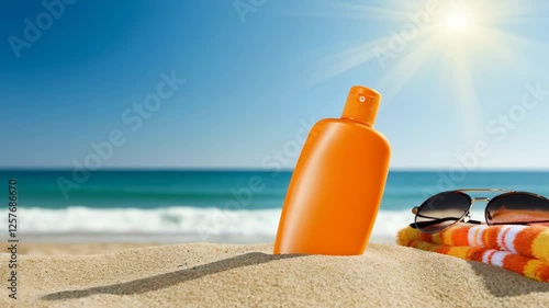 Bright beach day with sunscreen and sunglasses ready for sunbathing and relaxation at the seaside