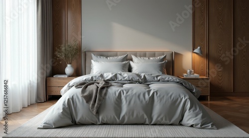 Wallpaper Mural Serene Bedroom Sanctuary Soft Grey Bedding, Wooden Accents, and Natural Light Create a Peaceful Atmosphere Torontodigital.ca