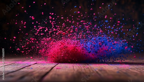 Vibrant pink red and blue Holi powders gently falling onto a smooth wooden table photo